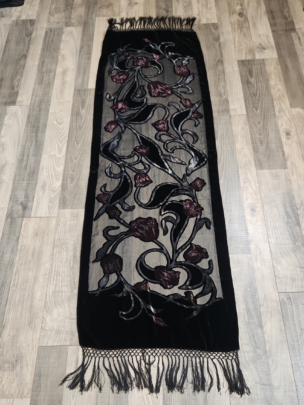 Black and Purple Velvet Burnout Floral Fringe Silk Shawl Scarf - Picture 10 of 10